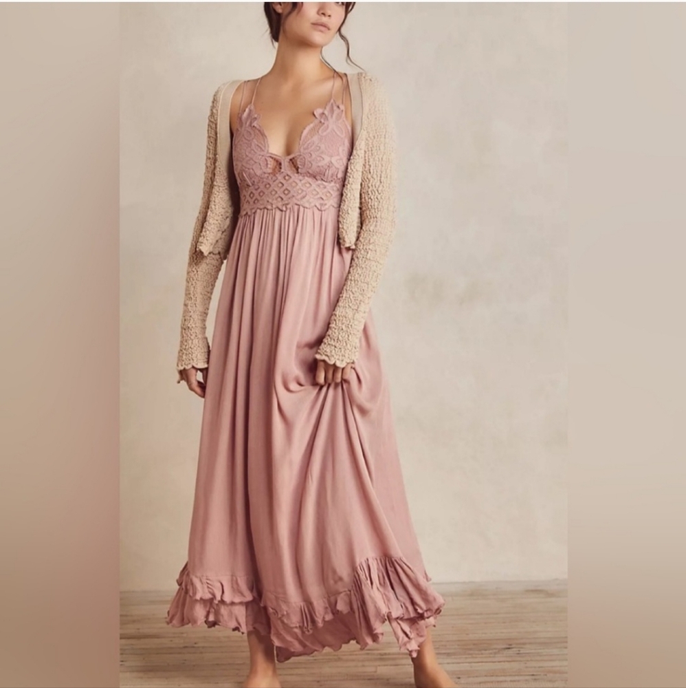 Free People One Adella Maxi Slip Rose Pink Lace Dress Size Small